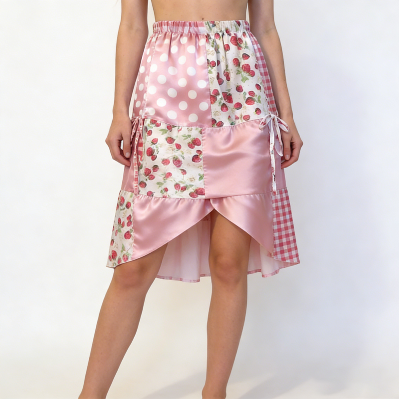 Women's Trendy Light Pink Satin Print Plaid Patchwork Tie Detail Elastic Waist Asymmetrical High Slit Midi Daily Casual Skirts