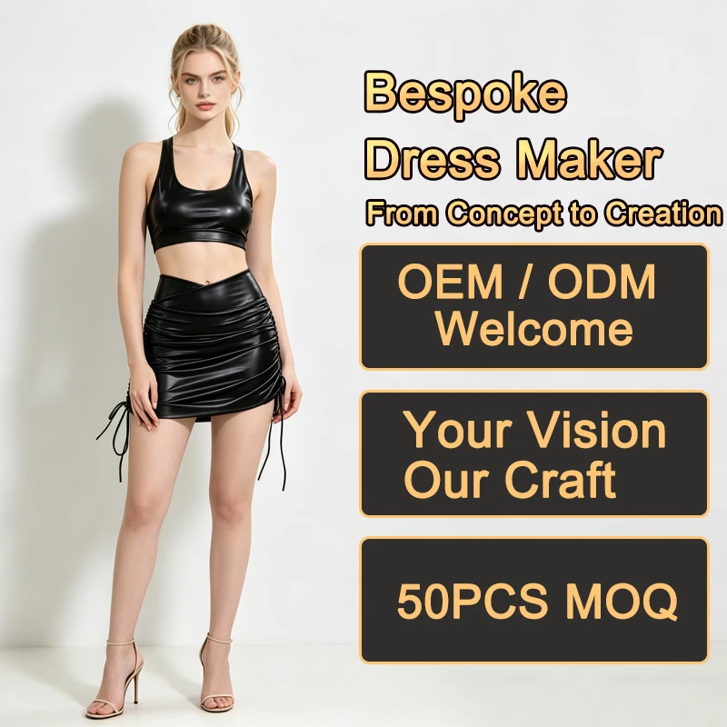 Streetwear Chic Faux Leather Sets Sleeveless Crop Top Ruched Drawstring Mini Skirt Sets for Daily Outings