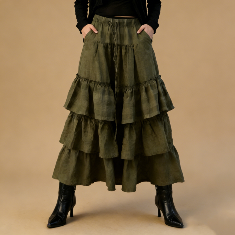 Women Olive Green Breathable Linen Blend Tiered Ruffled Drawstring Waist Pocket Maxi Daily Boho Casual Skirts