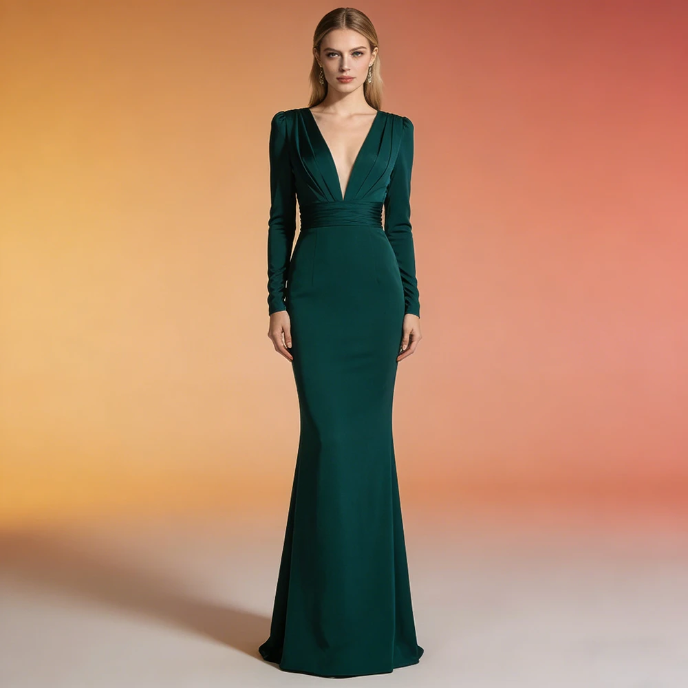 OEM Custom Long Dresses Women Dresses V-neck Long Sleeve Women Casual Fishtail Mother OFF the Bride Evening Dresses