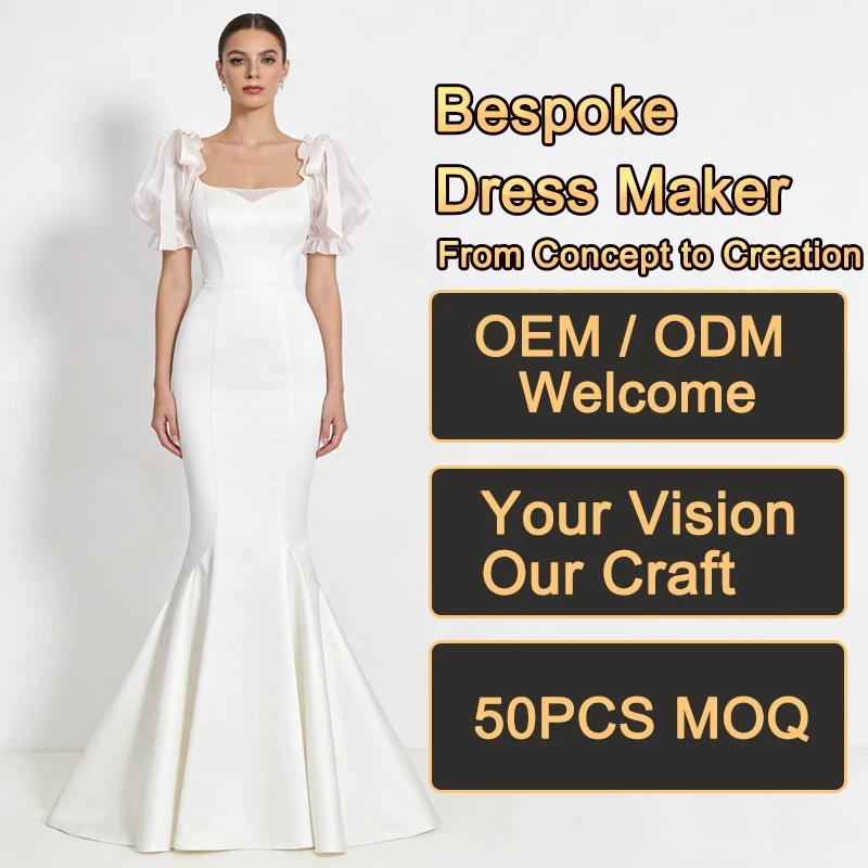Women Dresses Square Neck Puff Short Sleeve Satin Fabric Bow Detail Mermaid Hem Maxi Formal Wedding Bridal Evening Dresses