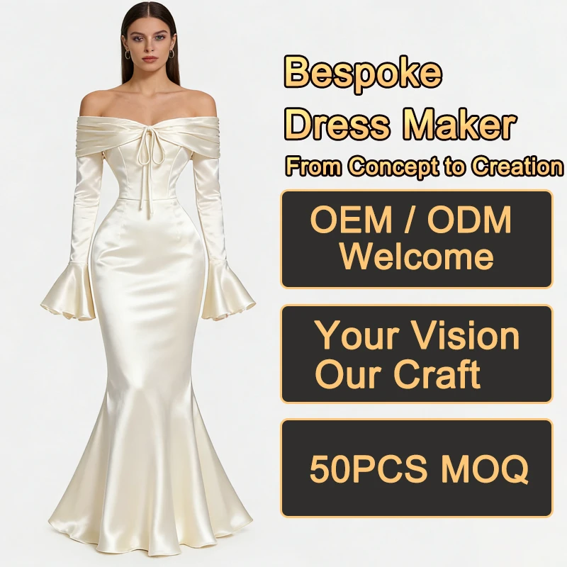 Women Dresses Off Shoulder Long Sleeve Satin Flare Cuff Corset Waist Mermaid Hem Maxi Formal Wedding Bridal Evening Dresses