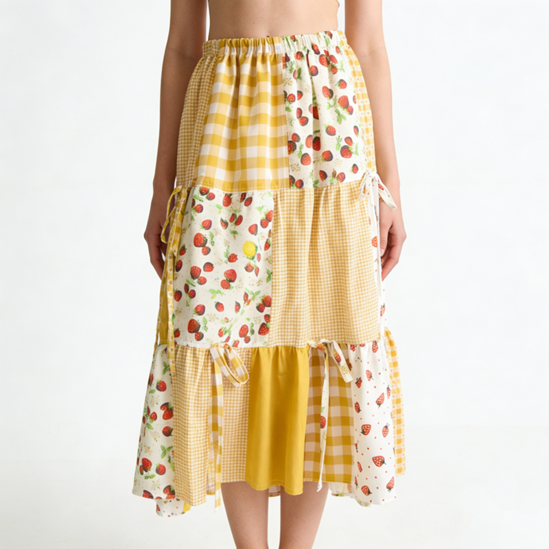 Women's Trendy Yellow White Strawberry Print Plaid Patchwork Tiered Tie Detail Elastic Waist Midi Daily Casual Skirts