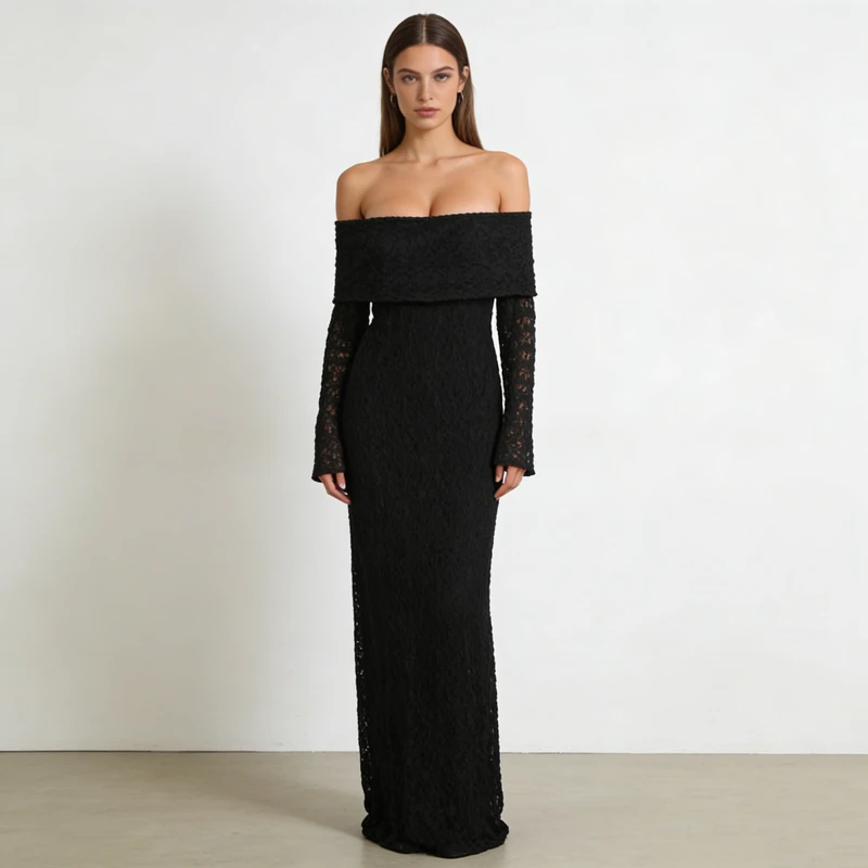 Women Dresses Black Off Shoulder Wide Collar Lace Long Sleeves Textured Lace Bodycon Maxi Evening Party Dresses