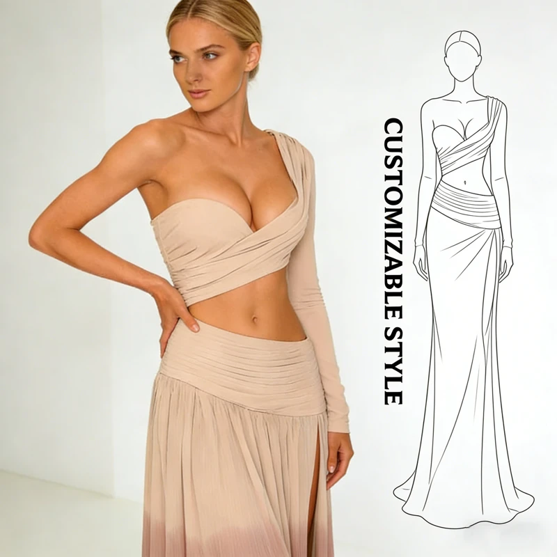 Custom Women One Shoulder Deep V Crop Top Ruched Ombre Side Slit Maxi Two-Piece Formal Evening Dresses
