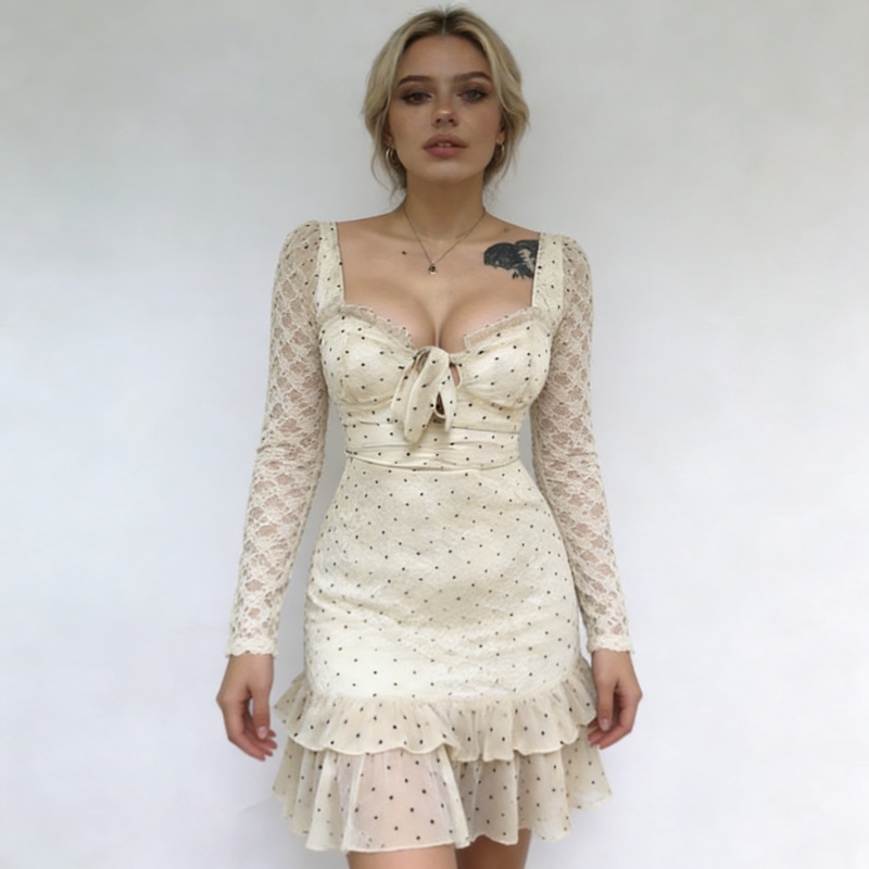 Women's Trendy Beige Polka Dot Lace Long Sleeves Deep V Tie Detail Ruffled Bodycon Mini Party Dresses