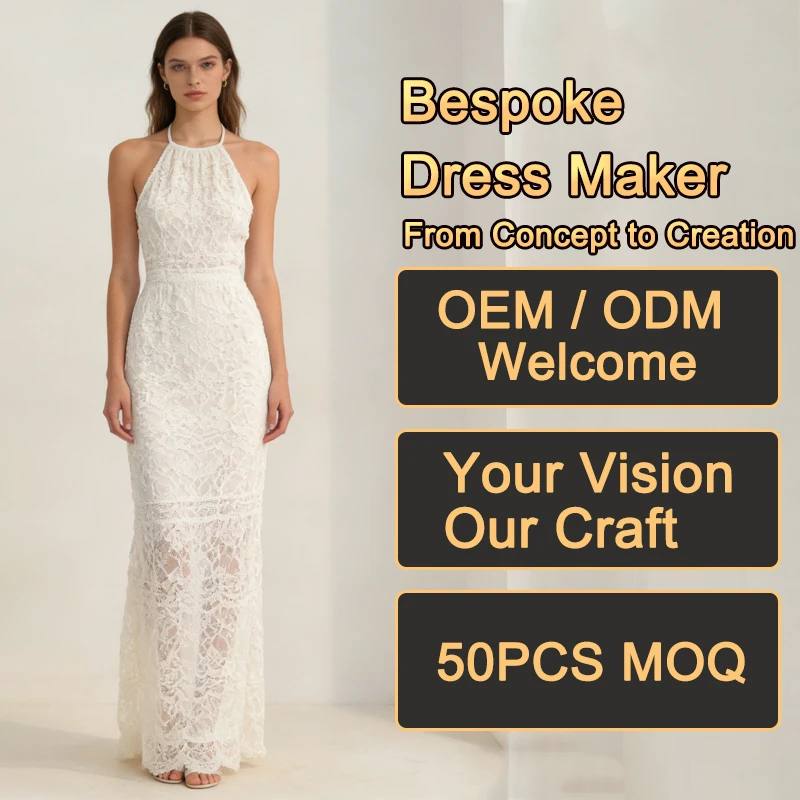Women Dresses Halter Neck Sleeveless Lace Fabric Elastic Waist Slim Fit Full Length Maxi Formal Wedding Bridal Party Dresses
