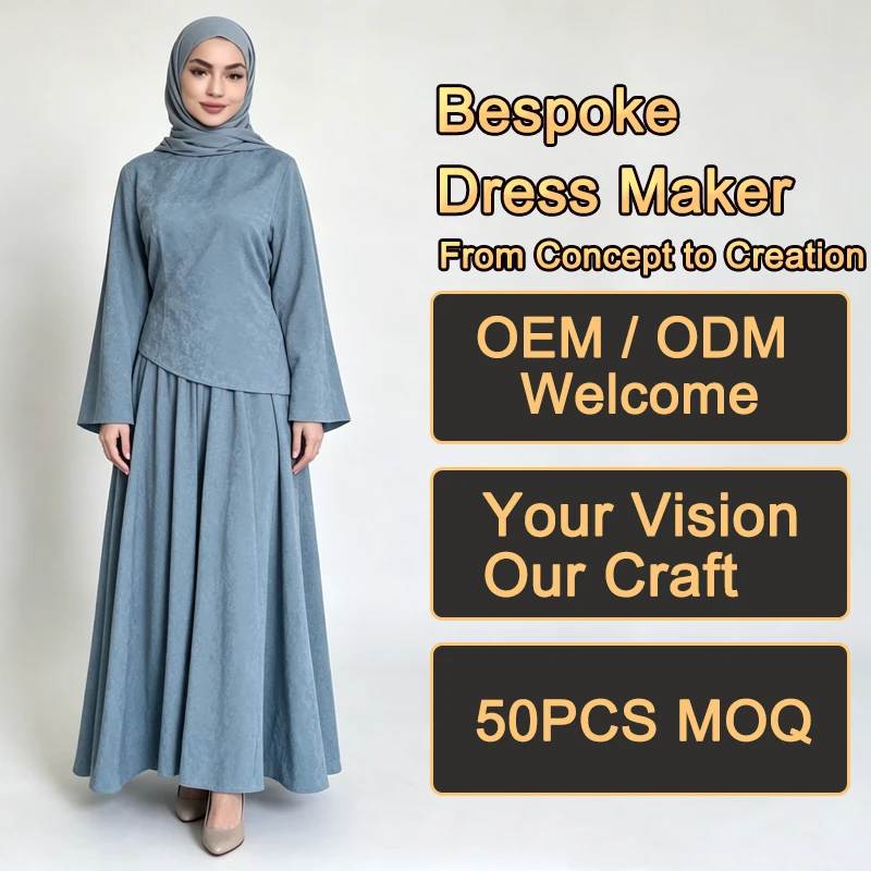 Wholesale Female Dresses Asymmetrical Top Flare Long Sleeve Jacquard Solid Blue Two Piece Modest Abaya Maxi Dresses