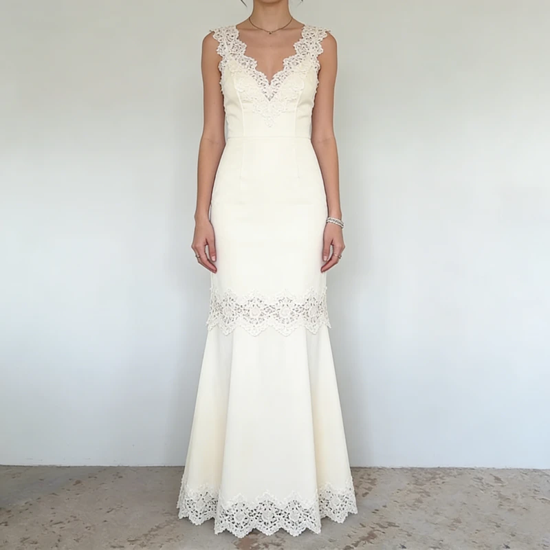 Women Dresses Ivory V Neck Sleeveless Lace Trim Fitted Mermaid Elegant Formal Bridal Maxi Women Dresses