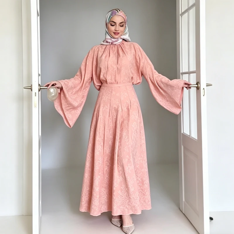 Wholesale Ladies Dresses Pastel Pink Jacquard Gathered High Neck Wide Bell Sleeve High Waist Two Piece Modest Maxi Abaya Dresses