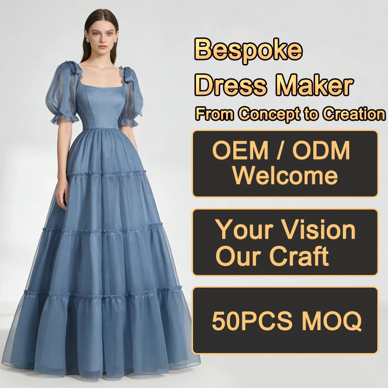 Women Dresses Square Neck Puff Short Sleeve Organza Fabric Tiered Ruffle Hem Maxi Formal Wedding Bridal Evening Dresses