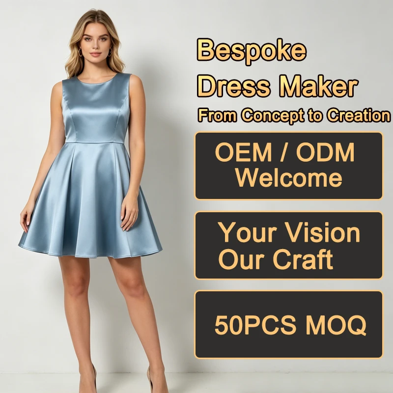 Bulk Women's Dresses Dusty Blue Satin Round Neck Sleeveless High Waist A-Line Mini Cocktail Party Bridesmaid Dresses
