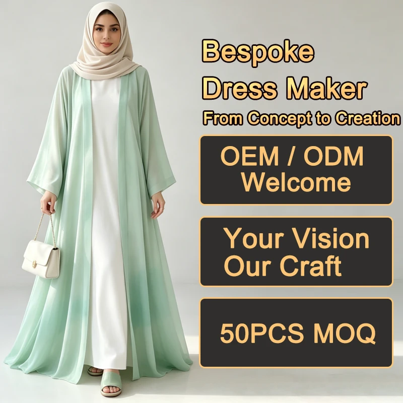 Bulk Lady Dresses Gradient Mint Green Chiffon Open Abaya Wide Flare Sleeve Solid Inner Two Piece Modest Maxi Dresses