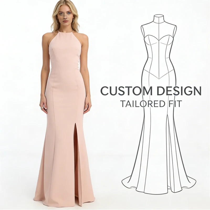 Women's Blush Pink Halter Neck Mermaid Evening Dress High Slit Formal Fitted Gown for Bridesmaid Gala
