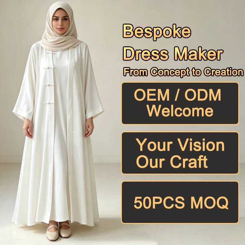 Wholesale Ladies Solid White Modest Open Abaya Traditional Knot Button Long Sleeve Two Piece Maxi Kaftan Dresses