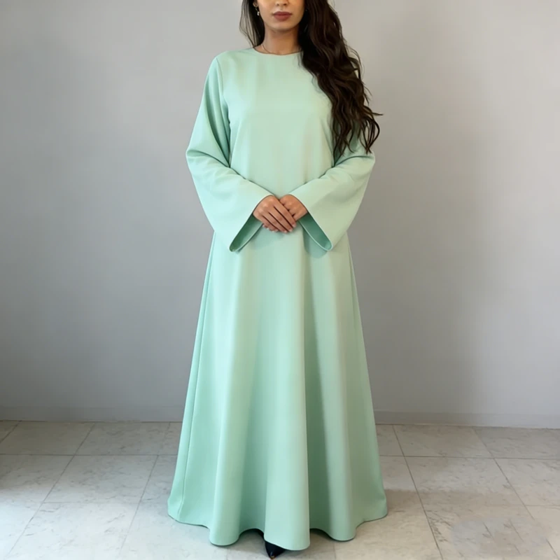 Women's Trendy Light Mint Green Smooth Fabric Round Neck Wide Sleeves Loose Fit Floor Length Elegant Muslim Dresses
