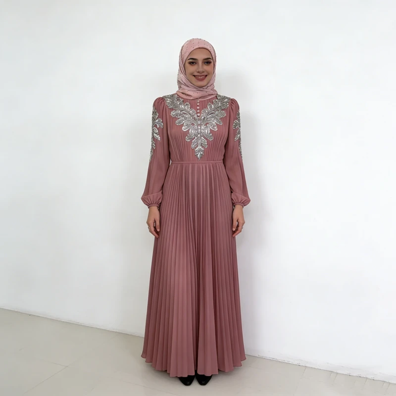 Women's Trendy Light Dusty Pink Pleated Fabric Silver Sequin Embellished Stand Collar Long Puff Sleeves Muslim Dresses