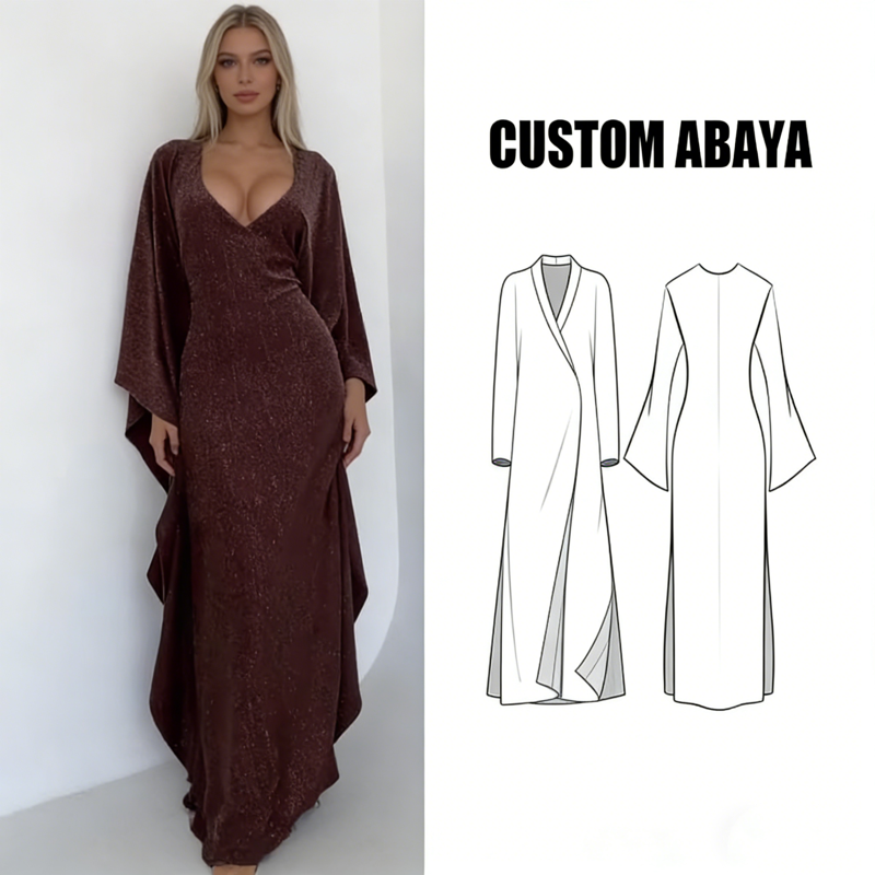 Women's Trendy Burgundy Glitter Fabric Custom Deep V Neck Long Bell Sleeves Maxi Evening Party Dresses