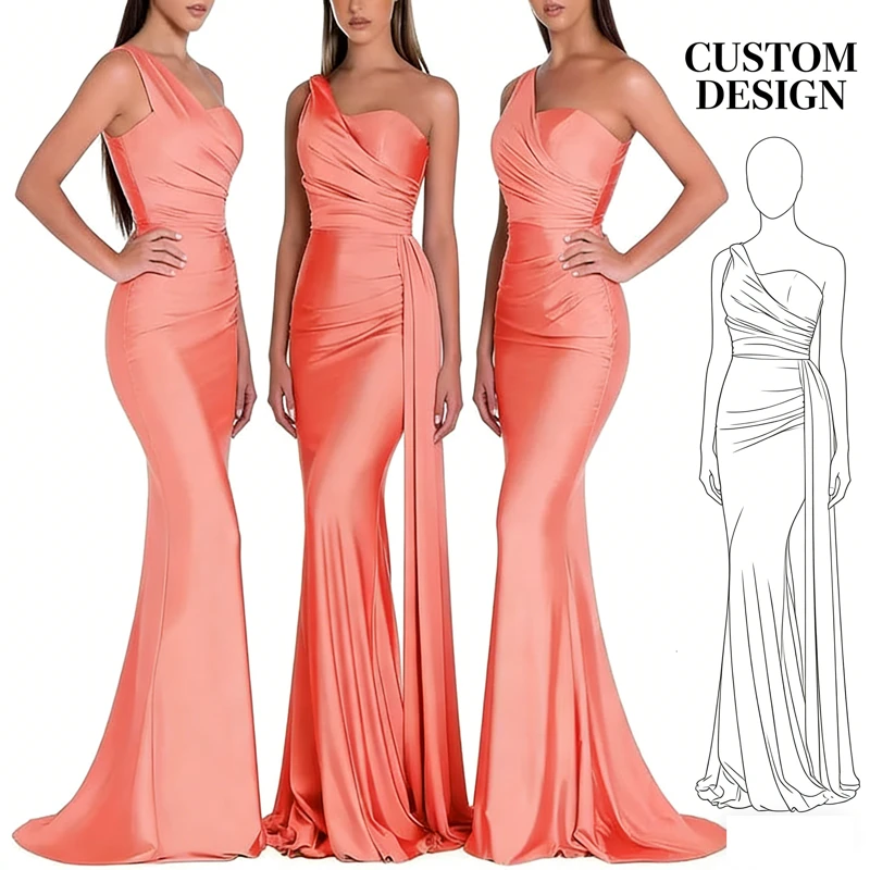 Women's Coral One-Shoulder Satin Ruched Fitted Mermaid Evening Dress High Slit Bridesmaid Gown for Party Gala