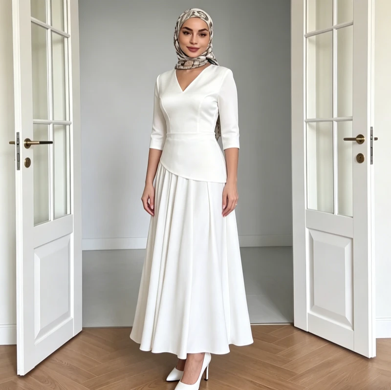 OEM Ladies Dresses Solid White V Neck Three Quarter Sleeve Asymmetrical Peplum Two Piece Formal Modest Maxi Abaya Dresses