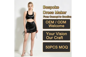 Streetwear Chic Faux Leather Sets Sleeveless Crop Top Ruched Drawstring Mini Skirt Sets for Daily Outings