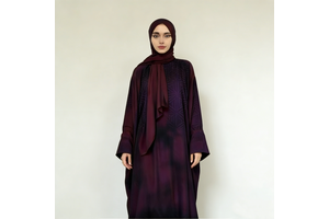 Women Dark Burgundy Gradient Geometric Pattern Oversized Wide Sleeve Floor Length Soft Fabric Formal Daily Wear Muslim Dresses