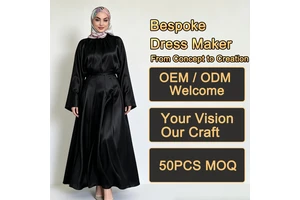 Wholesale Girls Dresses Solid Black Satin High Gathered Neck Wide Bell Sleeve Belted Waist Modest Maxi Abaya Dresses