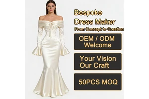 Women Dresses Off Shoulder Long Sleeve Satin Flare Cuff Corset Waist Mermaid Hem Maxi Formal Wedding Bridal Evening Dresses