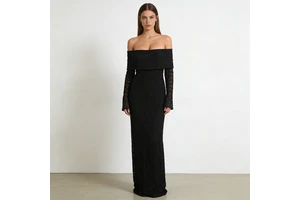 Women Dresses Black Off Shoulder Wide Collar Lace Long Sleeves Textured Lace Bodycon Maxi Evening Party Dresses