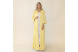 Women Light Yellow Polka Dot Open Front Loose Fit Wide Sleeve Floor Length Soft Fabric Stylish Elegant Casual Daily Abaya