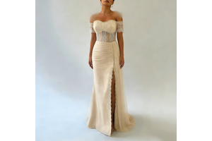 Women's Ivory Lace Off Shoulder Sweetheart Neck Sheer Waist Ruched High Slit Train Hem Fitted Mermaid Bridal Formal Dresses