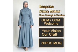 Wholesale Female Dresses Asymmetrical Top Flare Long Sleeve Jacquard Solid Blue Two Piece Modest Abaya Maxi Dresses