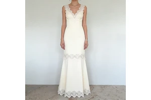 Women Dresses Ivory V Neck Sleeveless Lace Trim Fitted Mermaid Elegant Formal Bridal Maxi Women Dresses