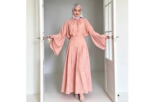 Wholesale Ladies Dresses Pastel Pink Jacquard Gathered High Neck Wide Bell Sleeve High Waist Two Piece Modest Maxi Abaya Dresses