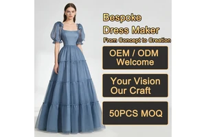 Women Dresses Square Neck Puff Short Sleeve Organza Fabric Tiered Ruffle Hem Maxi Formal Wedding Bridal Evening Dresses