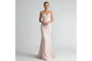 Women's Dusty Pink Strapless Sweetheart Satin Mermaid Evening Gown Pleated Train Dress for Bridesmaid Gala