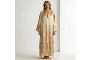 Women's Trendy Champagne Gold Satin Gold Leaf Embroidery V Neck Wide Sleeve Floor Length Formal Elegant Daily Abaya