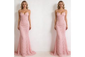 Women's Trendy Pastel Pink Lace Spaghetti Strap Deep V Fitted Mermaid Train Hem Bridesmaid Formal Party Dresses
