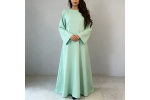 Women's Trendy Light Mint Green Smooth Fabric Round Neck Wide Sleeves Loose Fit Floor Length Elegant Muslim Dresses