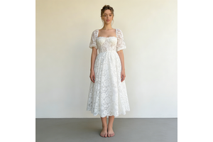 Romantic Vintage Lace Sheer Short Sleeves Embroidery White A-Line Midi Bridesmaid Wedding Formal Dresses