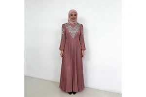 Women's Trendy Light Dusty Pink Pleated Fabric Silver Sequin Embellished Stand Collar Long Puff Sleeves Muslim Dresses