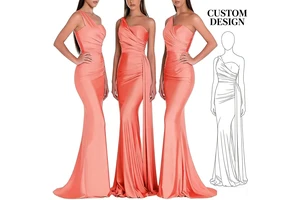 Women's Coral One-Shoulder Satin Ruched Fitted Mermaid Evening Dress High Slit Bridesmaid Gown for Party Gala