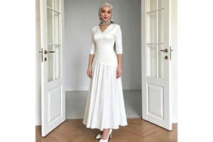 OEM Ladies Dresses Solid White V Neck Three Quarter Sleeve Asymmetrical Peplum Two Piece Formal Modest Maxi Abaya Dresses