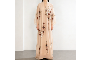 Women's Trendy Light Beige Chiffon Floral Embroidery Stand Collar Wide Sleeve Floor Length Elegant Daily Dresses Abaya