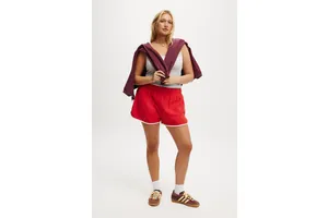 Women's Dolphin Hem Micro Mini Short - Red Poppy/White