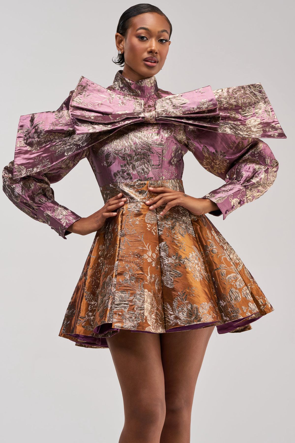 Women's Akira Renaissance Purple Two-Toned Brocade Mini Dress With Puff Sleeves