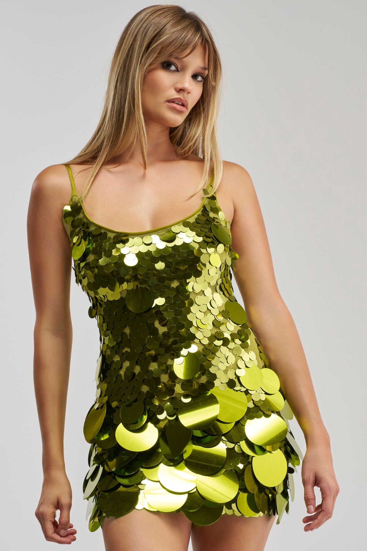 Women's Akira Green Sequin Bodycon Mini Dress With Mesh Panel