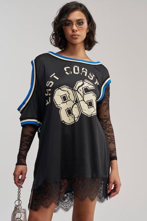 Women's Akira Black, Blue, And White Mini Lace And Mesh Jersey Dress