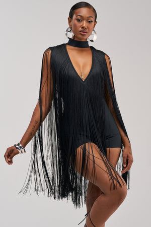 Women's Akira Black Sleeveless Bandage Romper With Fringe