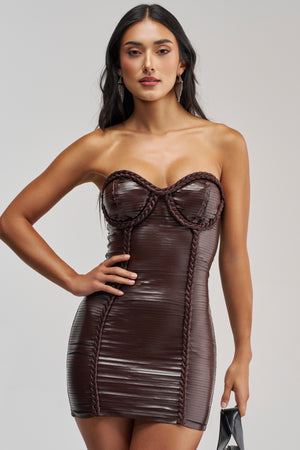 Women's Akira Chocolate Brown Strapless Faux Leather Mini Dress